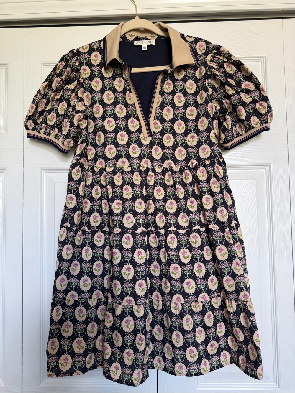 She and Sky Floral Polo Dress with Puff Sleeves - Navy and Pink